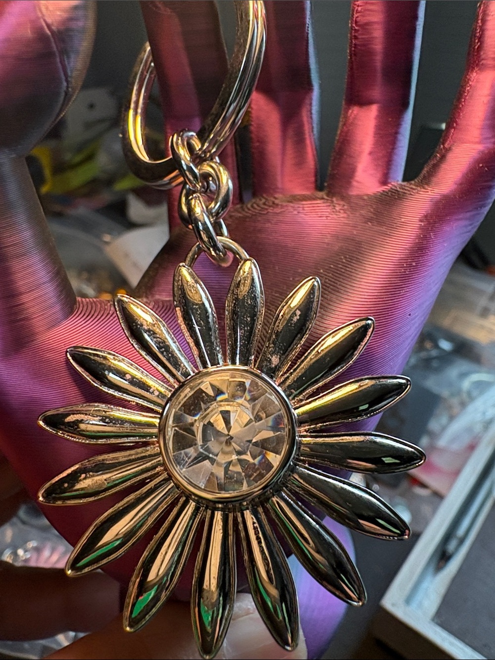 Coach Silver-Tone Daisy Keychain with Crystal Center